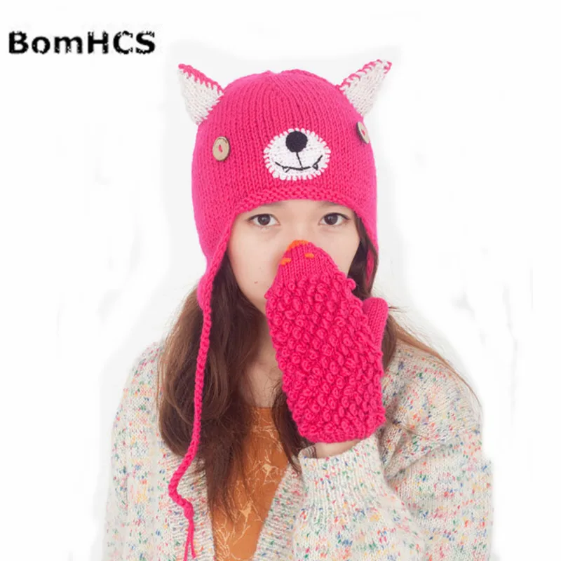 BomHCS Милая шапочка с медведем + искусственная вязаная зимняя Толстая ручной