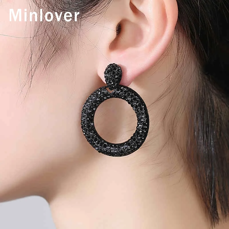 Женские круглые серьги подвески Minlover массивные с черными кристаллами