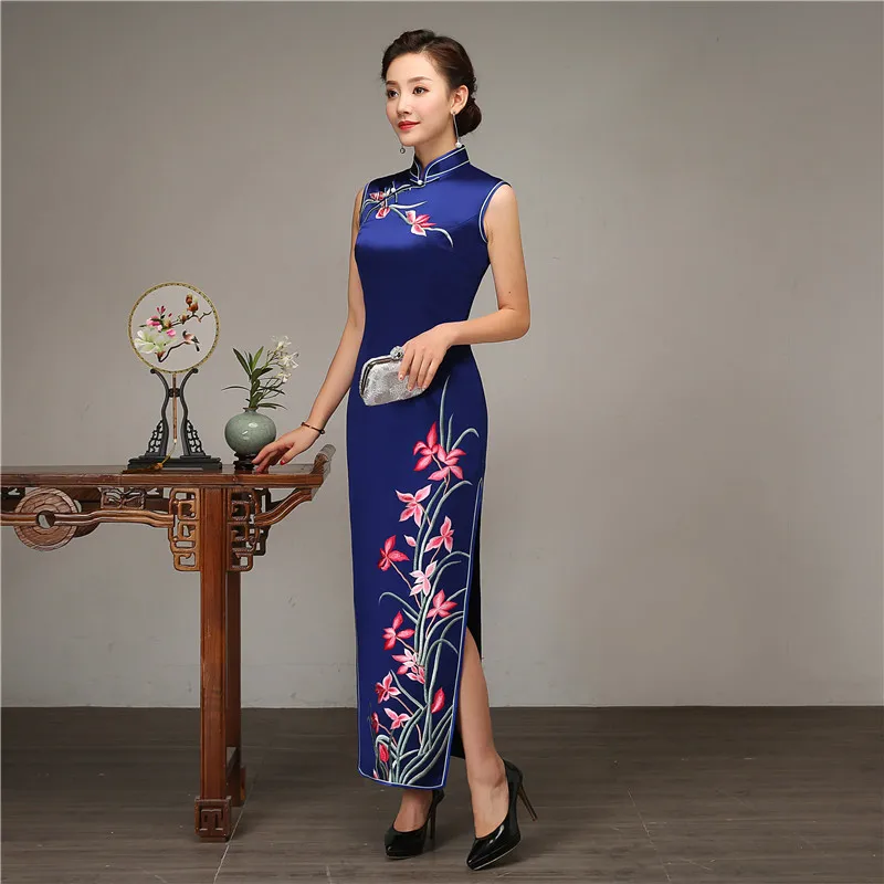 Сексуальное платье без рукавов с разрезом, тонкое, Cheongsam, воротник-стойка, длинное, Qipao, высокое качество, шелковое, Vestidos, повседневное, женское платье, большой размер 3XL