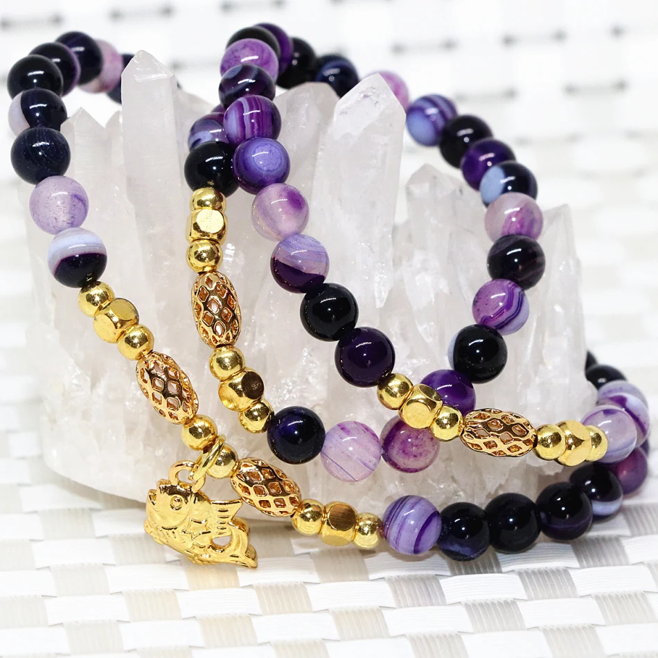 fish pendant unique elastic purple multilayer long bracelet natural carnelian stone veins agat onyx 6mm round beads jewelryB2242 | Украшения