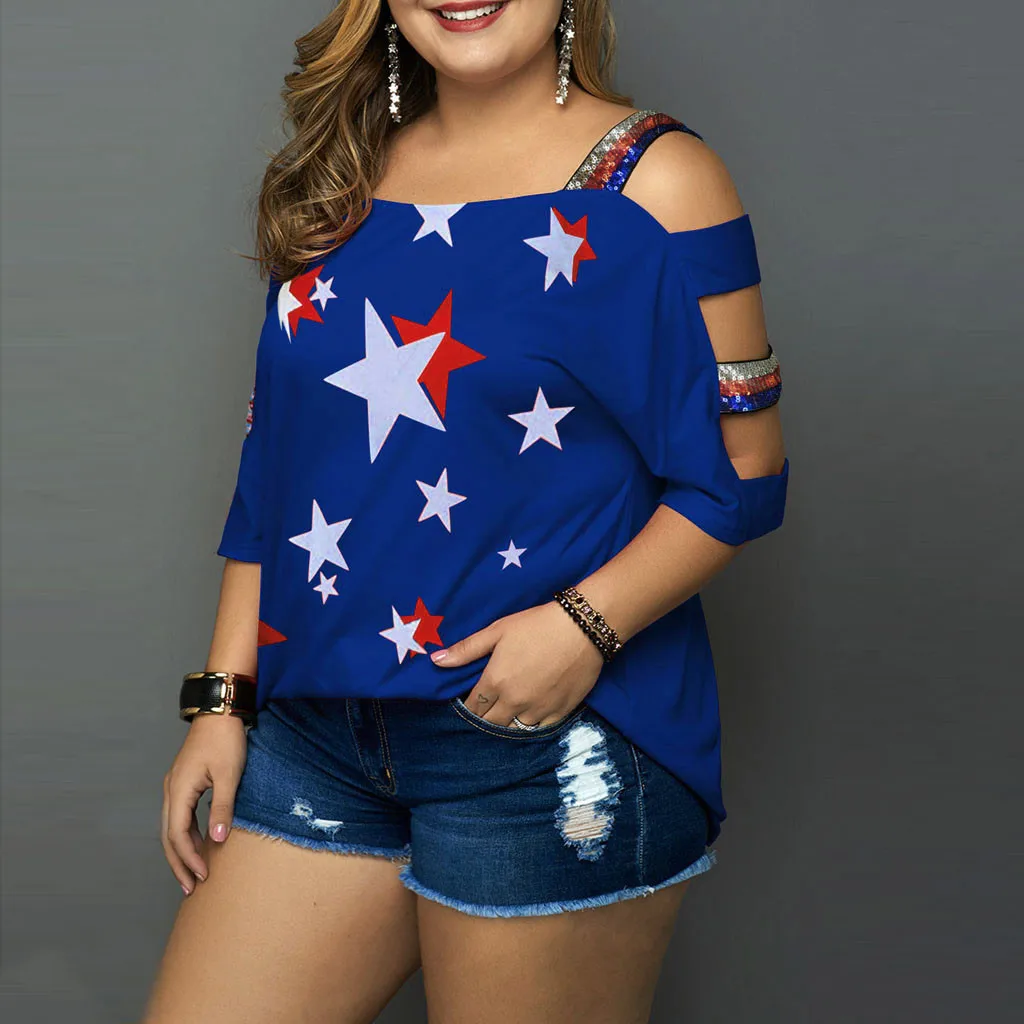 2020 женская футболка размера плюс американский стиль с открытыми плечами в