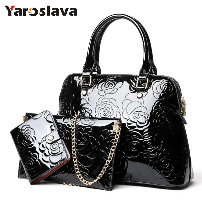 

High Quality Patent Leather Women Handbags Luxury Floral 3 Sets Ladies Composite Bag Fashion Shell Bags For Women Shoulder LL106