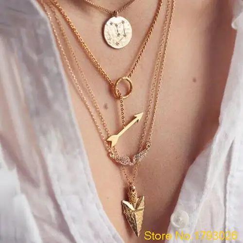 Золото панк Крылья Ангела стрелы кристалл многослойных ожерелье 4TIK|pendant necklace|angel