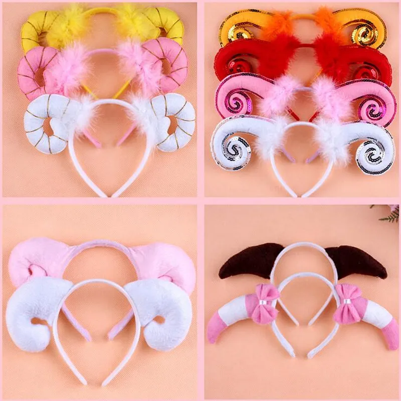 Повязка на голову с овечьим пухом и козьим рогом для детей Детская лента