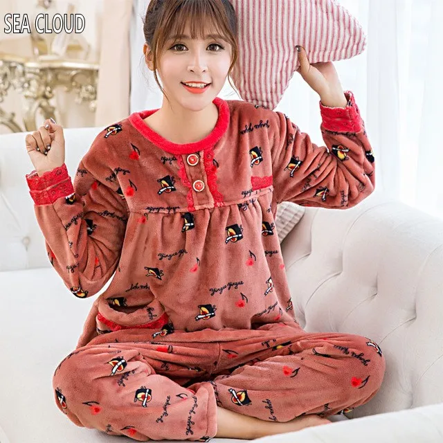 

82 Autumn and winter plus size Pregnant Flannel cartoon thickening coral fleece sleepwear women Pajama Sets 3xl-6xl