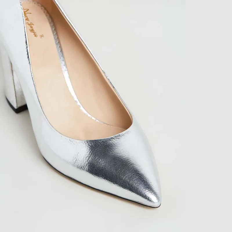 Nancyjayjii/Серебристые классические туфли на высоком квадратном каблуке кожаные