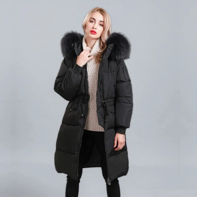 Женская длинная парка с капюшоном хлопковый пуховик воротником из натурального