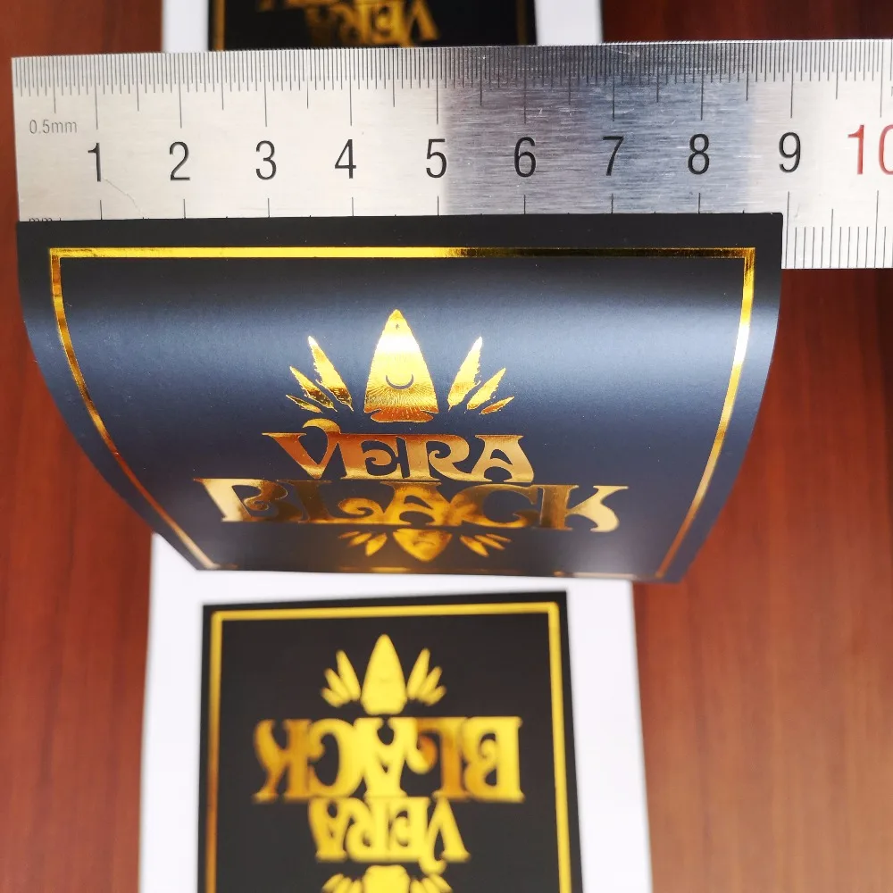 Customized stickers 100x100mm Shining Gold Foil hot stamping on Matte black waterproof and oilproof PVC material, Item No. CU61