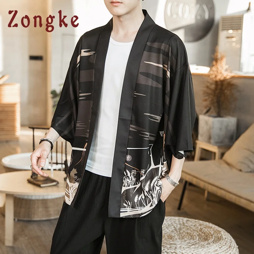 Zongke Fox Moonlight черное кимоно для мужчин японское кимоно кардиган Harajuku кимоно рубашка Мужская Уличная Мужская гавайская рубашка 5XL