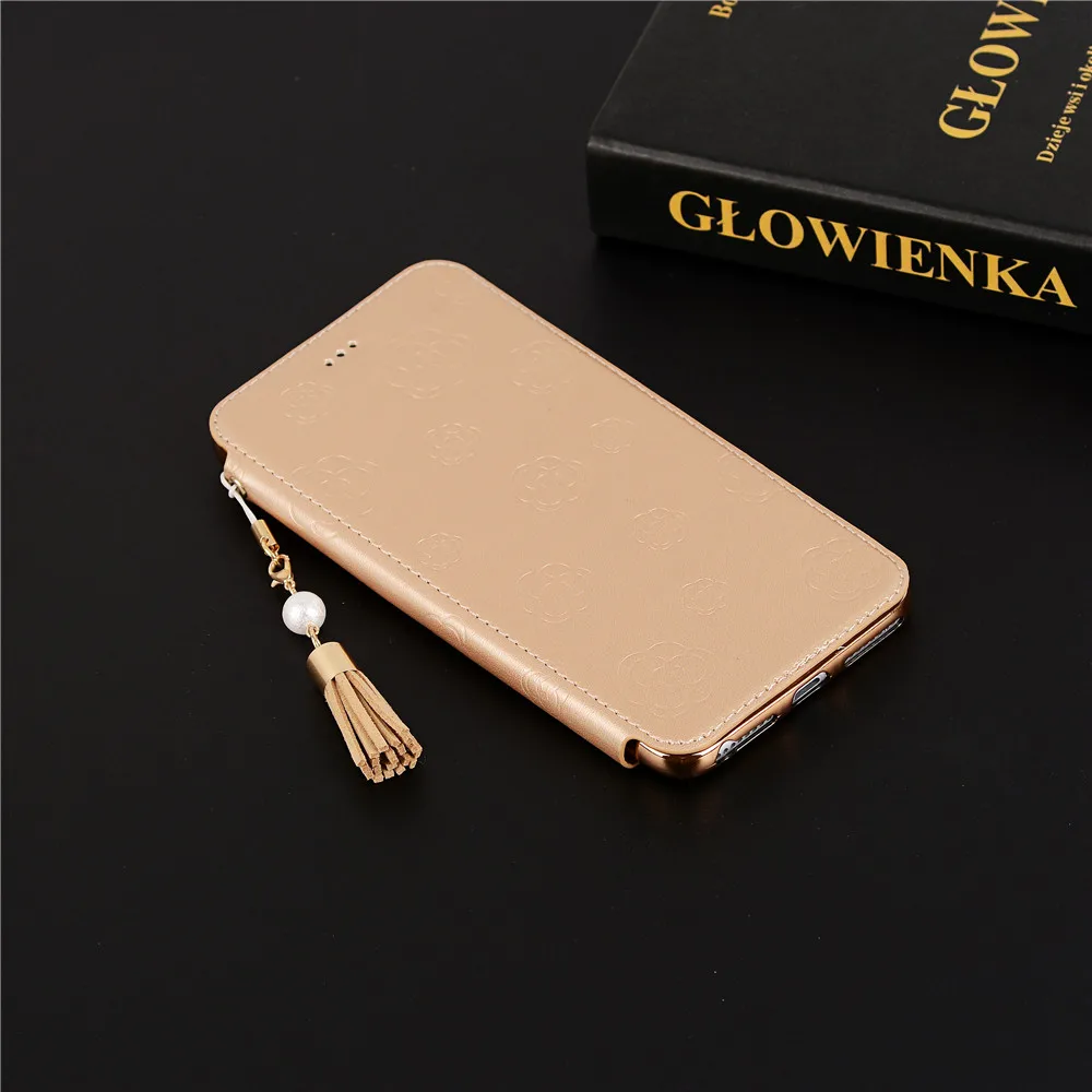 Роскошный тонкий флип-чехол для Iphone X 8 7 6 6S Plus Xs Max Xr Милый горный чай цветок из искусственной кожи чехол из термополиуретана и силикона с кисточкой жемчуг