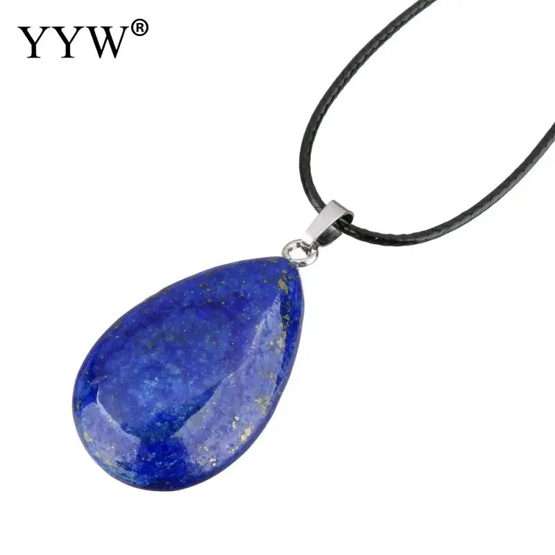lapis lazuli Лидер продаж YYW женский натуральный драгоценный камень КАПЛЕВИДНАЯ кожа веревочное ожерелье-чокер Малахит кварц опал розовый камень кулон ожерелье s - Окраска металла: lapis lazuli