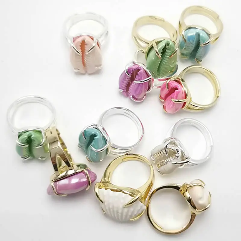 Кольцо с разноцветными ракушками под золото Серебристая раковина летнее пляжное