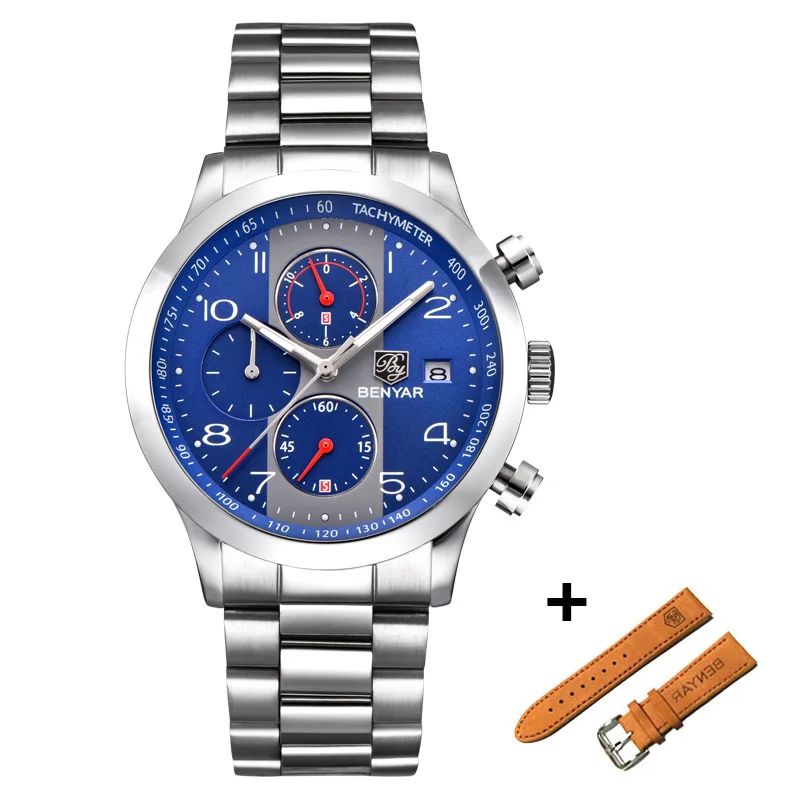 Steel blue BENYAR новые модные спортивные часы с хронографом, мужские брендовые кварцевые синие часы с кожаным ремешком, мужские часы Reloj Hombre - Цвет: Steel blue