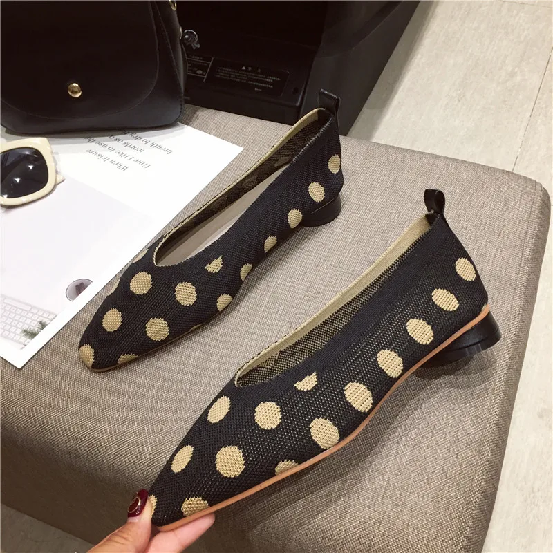 2019 Luxury Women Designer Low Heels Ballerina Flats Comfortable Lady Polka Dot Knitted Ballet Black Red Party Boat Shoes | Обувь