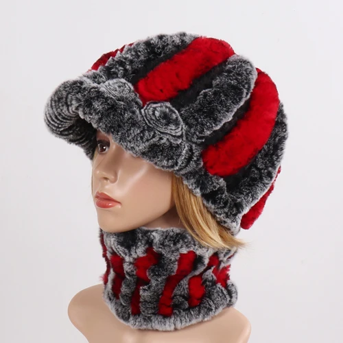 grey and red Новое поступление Зимний Настоящий мех кролика шарфы головные уборы наборы для женщин вязанный натуральная шерсть шапка шарф Набор для женщин хорошая эластичная меховая шапка муфельная - Цвет: grey and red