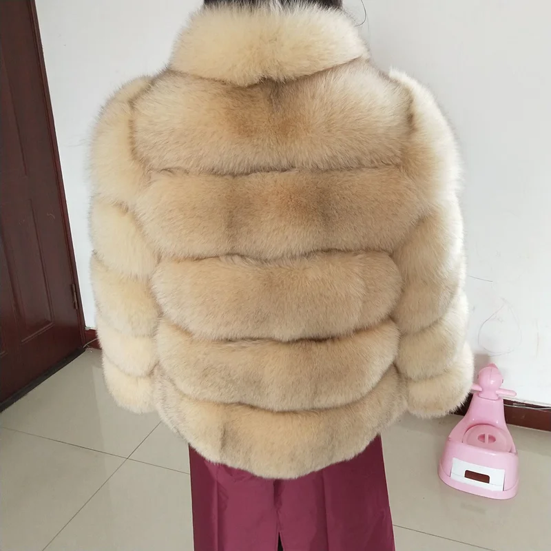 Beige - collar Новая брендовая зимняя шуба из натурального Лисьего меха, толстая женская шуба из серебристого лисьего меха, шуба из лисьего меха с воротником - Цвет: Beige - collar