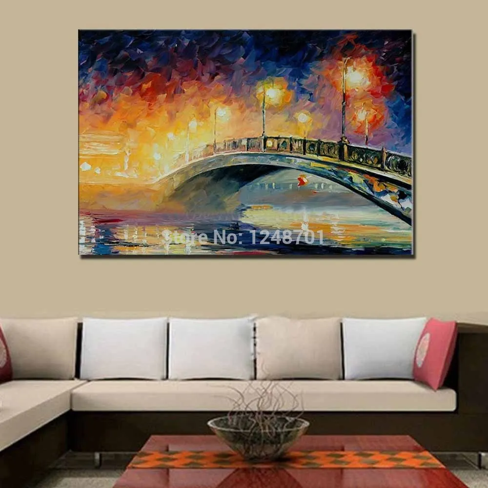 Ручная роспись Палитры Ножи Impasto мост ночника пейзаж маслом холст стены картину