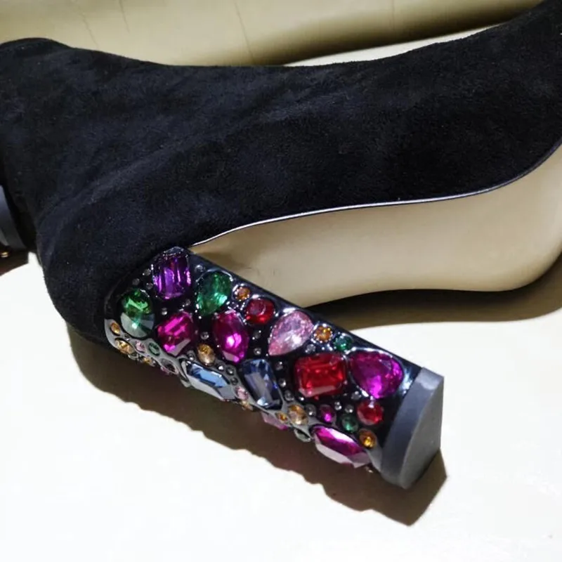 Black Stretch Suede Booties Slim Block Embellished Heels Multi Rhinestones Short Boots Thick High Heel Luxury Brand Women | Обувь