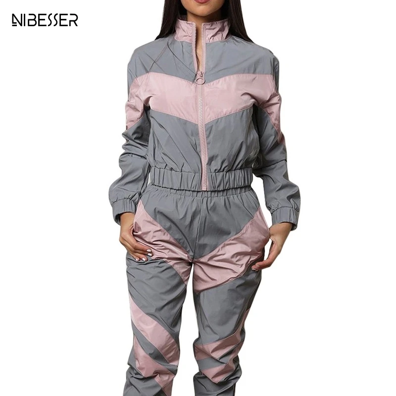 Женский спортивный костюм, комплект из 2 предметов, светоотражающий укороченный топ и штаны, мода, женская Свободная куртка на молнии, пальто, брюки, костюм размера плюс