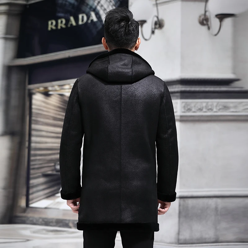 2018 new Haining fur men's double faced sheep's sheared coat medium length leather jacket male P1180 | Мужская одежда