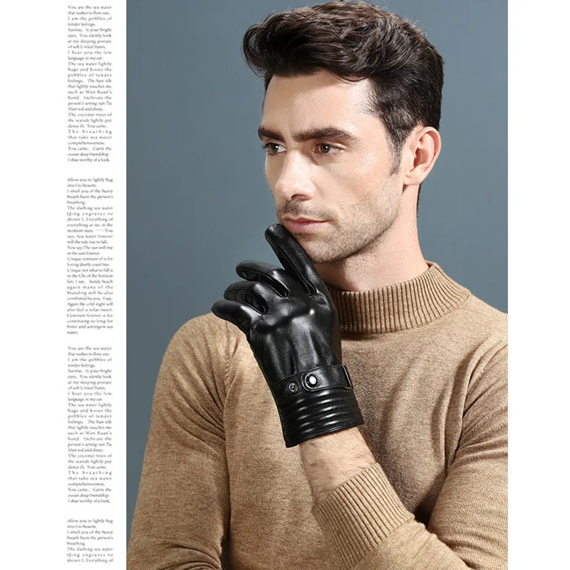 

Touch Screen Driving Men Black Gloves 100% Genuine Leather Sheepskin Full Finger Motorcycle Winter Warm Gloves Buckle Gloves