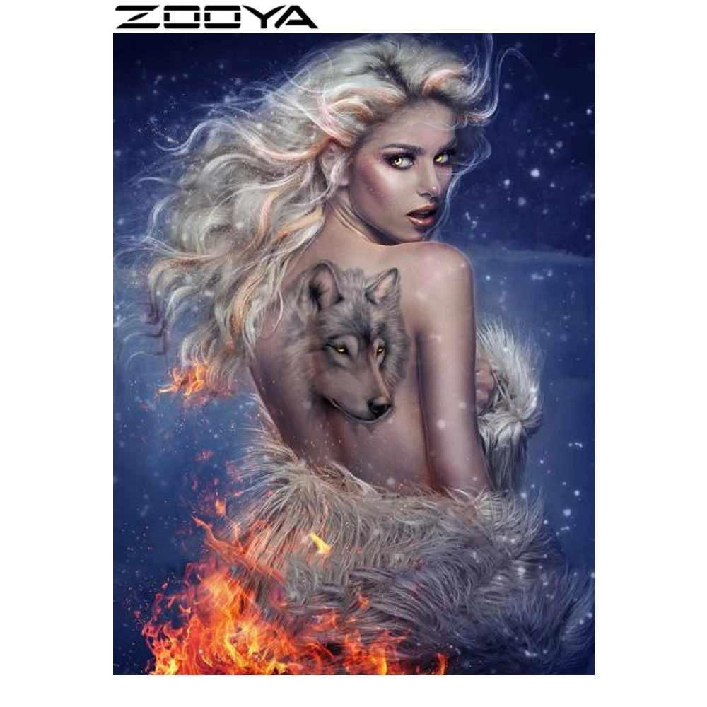 

ZOOYA Diamond Embroidery Wall Stickers Rhinestones Embroidery Diamond Cross Stitch Sexy Beauty Wolf Tattoo Fire Feathers R466
