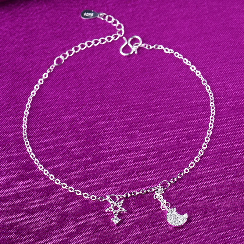 925 Sterling Silver Link Chian Anklet Star Moon Charm Bracelets &ampBangle For Women Jewelry Accessories Bijoux Gifts A167 | Украшения и