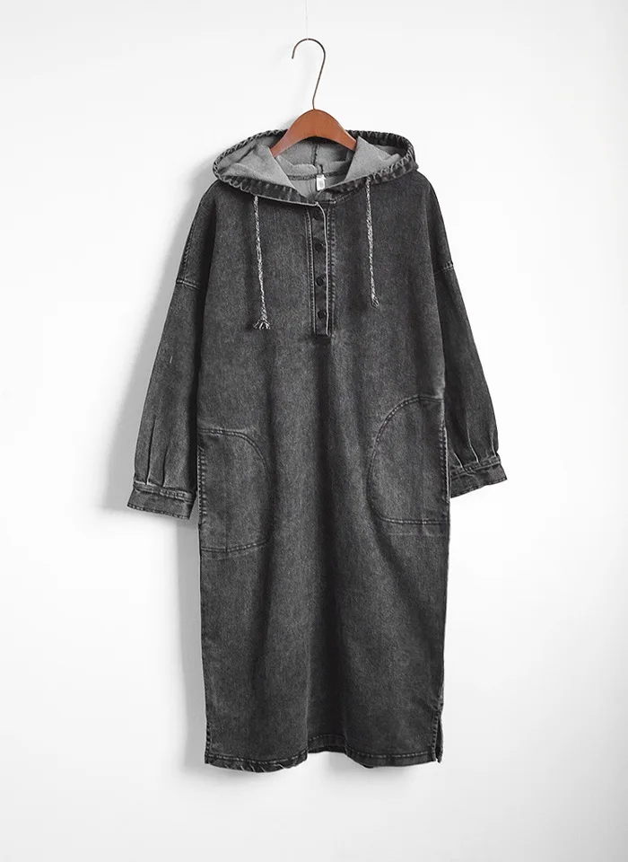 

New Spring 2020 Women Hooded Collar Long Sleeve Patchwork Pockets Dress Loose Hem Button Female Dresses Fashion Tide Z250