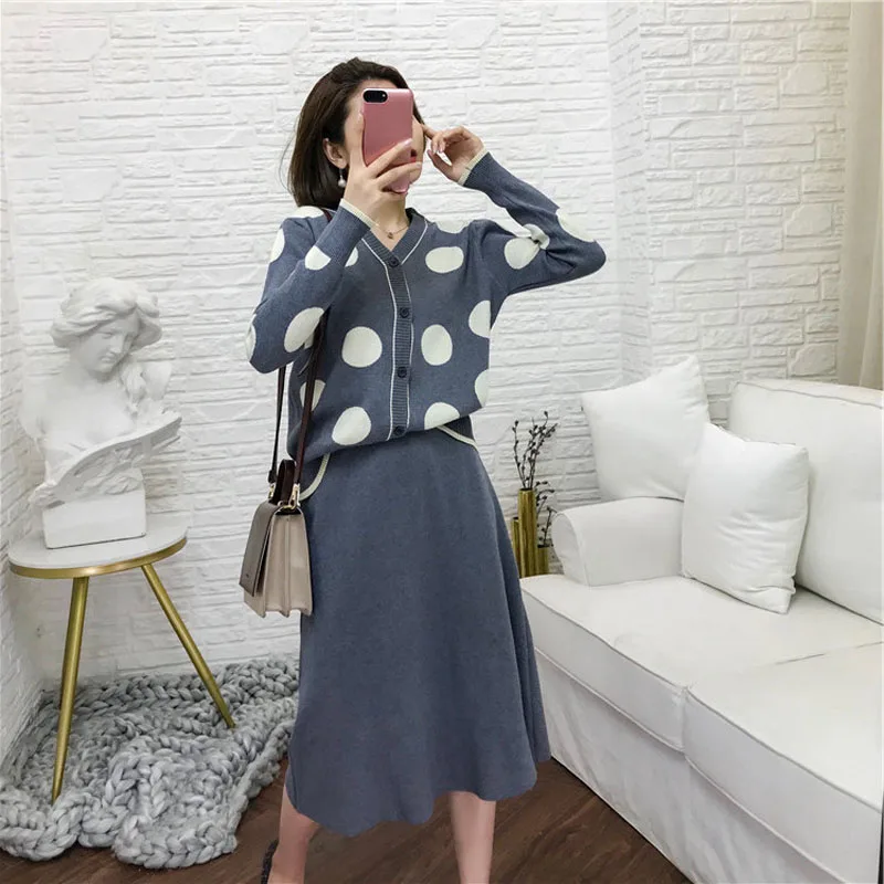 PERHAPS U women knit green gray long sleeve cardigan mid calf pencil midi skirt polka dot two pieces set elegant T0134 | Женская одежда