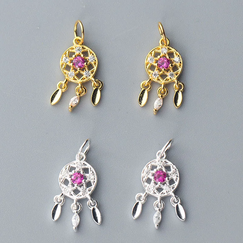 100% 925 Sterling Silver Dream Catcher Dangle Charms Plated Gold Zircon Fancy Ornament Pendants DIY Necklace Jewelry Making | Украшения и