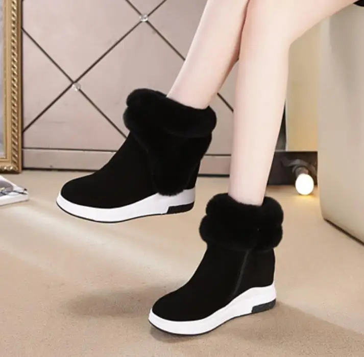 Black Women's Snow Boot Winter Genuine Leather Female Shoes Woman Warm Winter Boots Ankle Boots For Women Wedges Shoes Boot - Цвет: Black