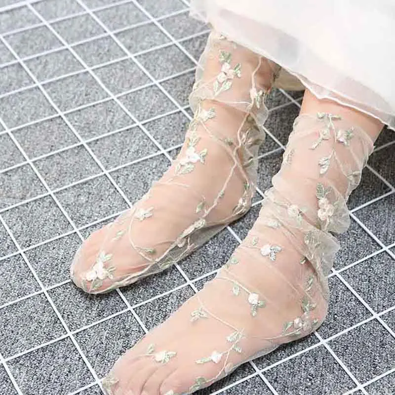 [EIOISAPRA] ультра тонкие прозрачные блестящие сетчатые носки с вышитыми цветами