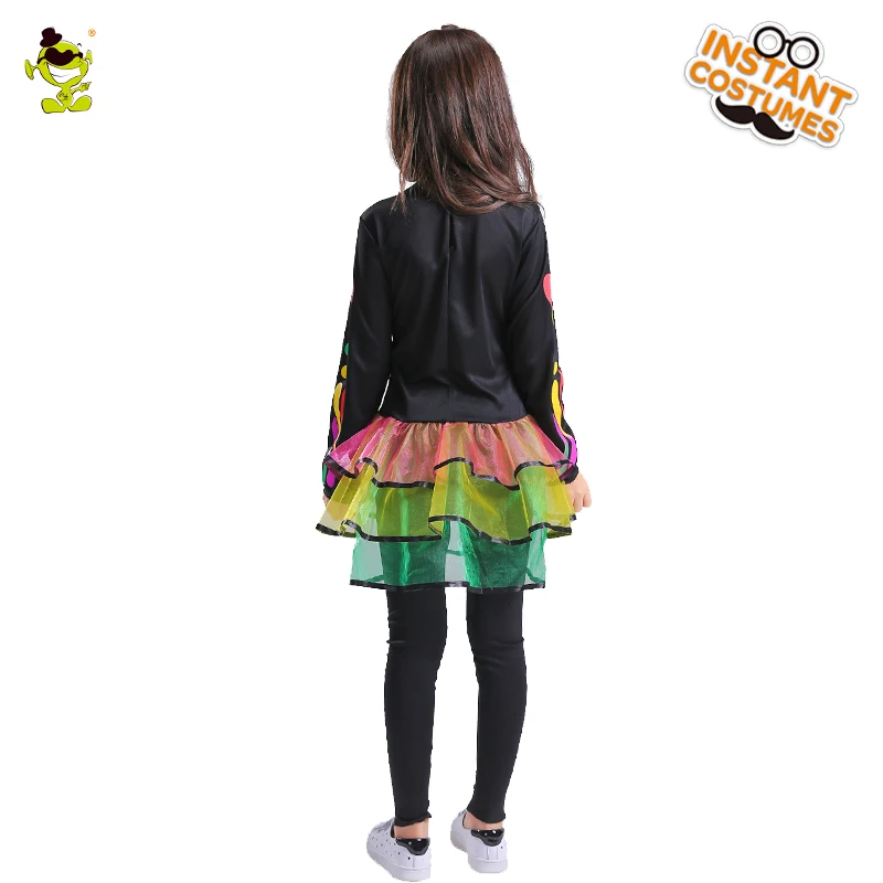 

Purim Girls Colourful Skeleton Dress Cosplay Costumes Halloween Party Dress Up Girl Beautiful Skull Dress Clothing