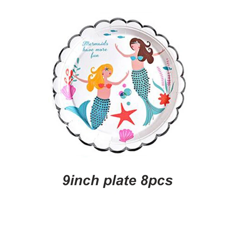 9inch plate 8pcs Одноразовые чаша-контейнер с рисунком русалки, салфетки для детей, вечерние украшения для девочек на день рождения - Цвет: 9inch plate 8pcs