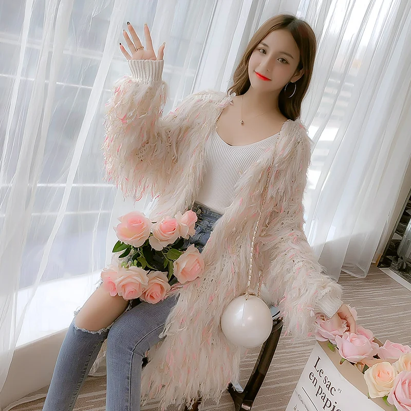 Cakucool New Women Furry Colorful Tassels Cardigans Autumn Gold Lurex Loose Lazy Korean Open Stitch Sweaters Female Cappa |