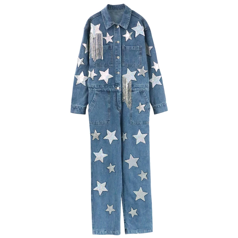7 Манг 2019 уличная синий джинсовые комбинезон женщин с длинным рукавом звезды