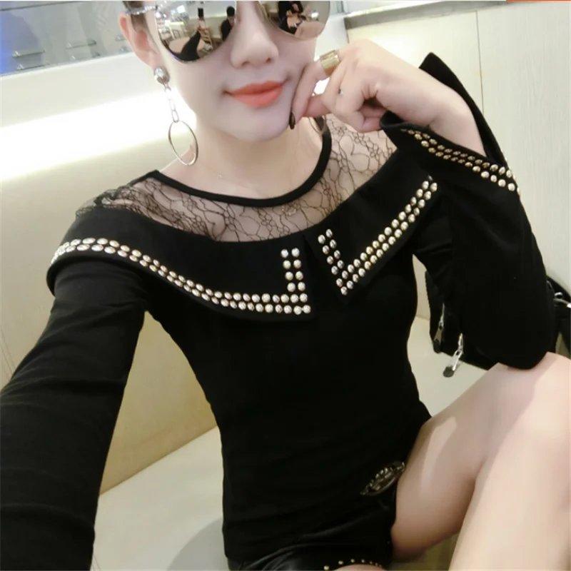 Vetement Женская футболка женский горный хрусталь Сексуальная пряжа топы с длинными