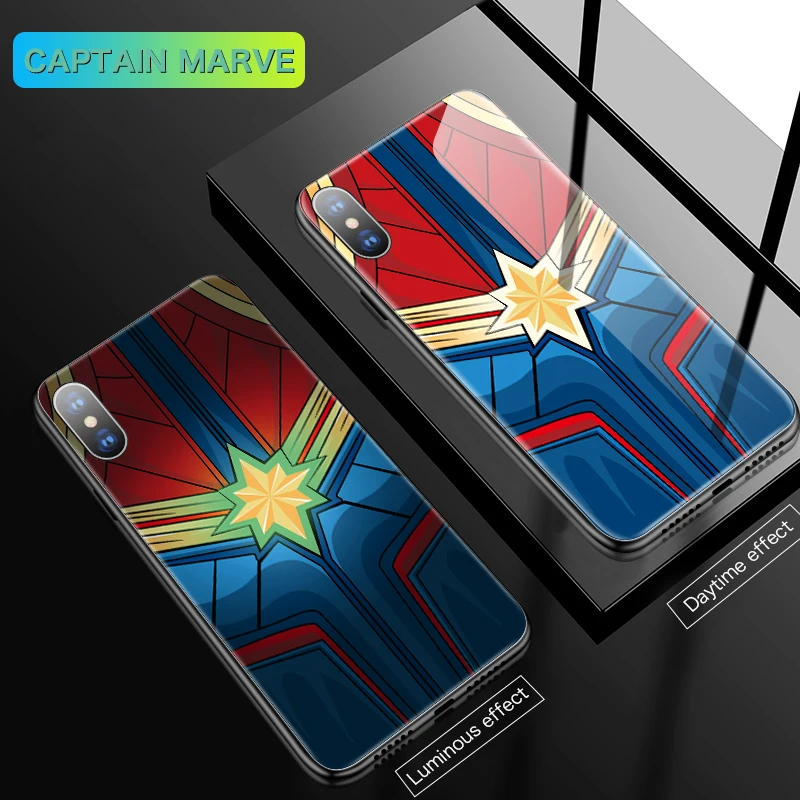 Coque капитан Марвел Бэтмен Железный человек световой Стекло чехол для телефона для iPhone 11 Pro XSmax XR XS X 8 7 6s 6 Plus черный пантера крышка