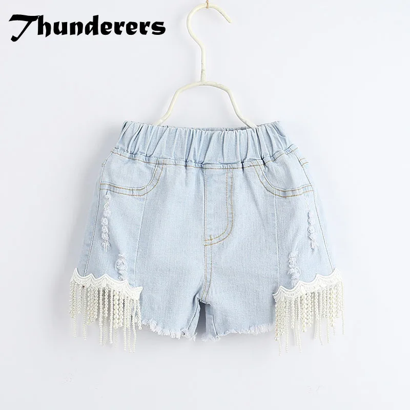 Thunderers/летние детские короткие джинсы рваные с кисточками 2 цвета штаны