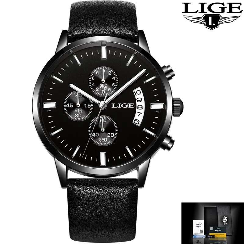 leather all black LIGE мужские s часы Топ люксовый бренд водонепроницаемые Модные кварцевые часы мужские повседневные кожаные спортивные наручные часы Relogio Masculino - Цвет: leather all black