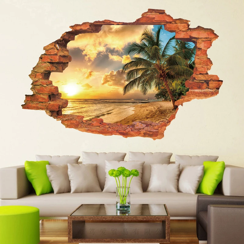 

Sunset landscape beach 3D wall sticker PVC Material DIY wall poster For Living room sofa background wall home decor sticker