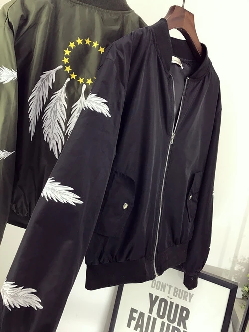 2017 Новая Мода Перо Печати Бейсбол Куртка Свободные Тонкий Стенд Ошейник С