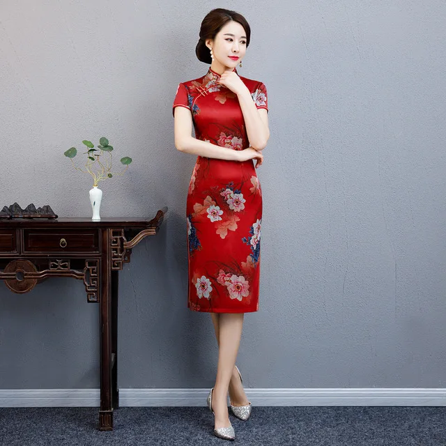 

2019 Novelty Knee Length Cheongsam Chinese style Mandarin Collar Dress Womens Summer Rayon Qipao Slim Party Dresses Vestido