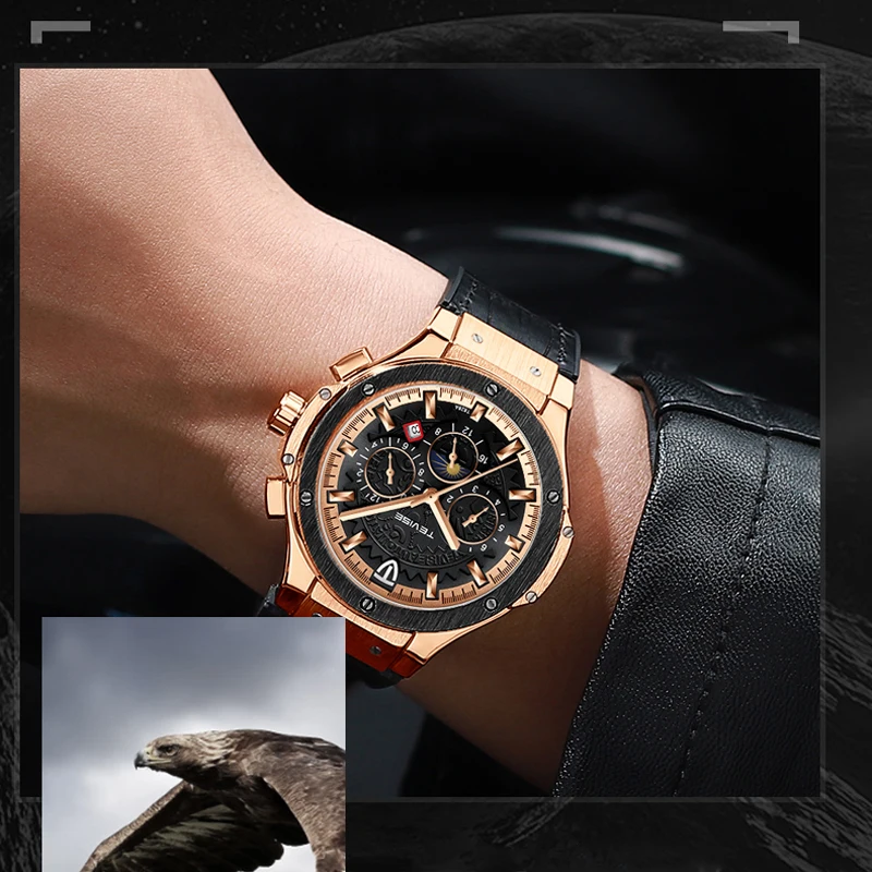 Бренд TEVISE Роскошные автоматические механические часы для мужчин кожаный ремешок