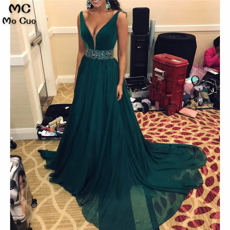 

2019 Dark Green Evening Dresses Long with Crystals Beaded Deep V-Neck Chiffon A-Line Formal Evening Party Dress for Women