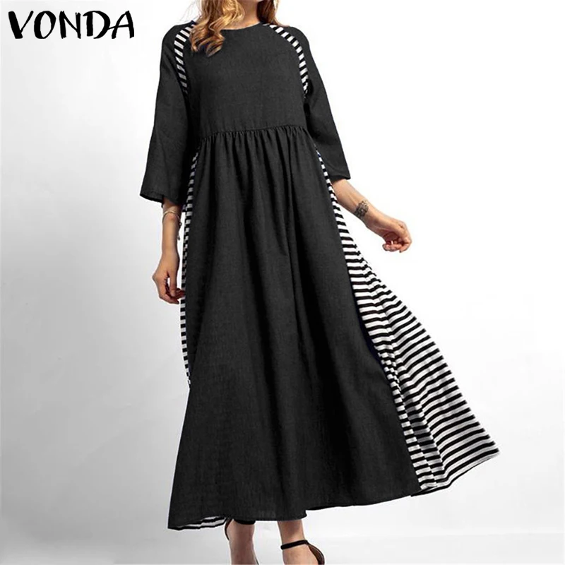 Kaftan Женский Осенний сарафан большого размера VONDA макси длинные платья с коротким рукавом льняные рубашки Платье женское Повседневное платье 5XL