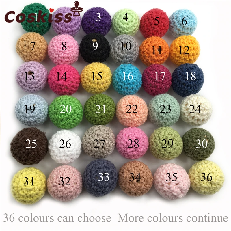 

16mm/10pc Round Wooden Crocheted Beads Single color Woolen Teether Bead Necklace Decoration Inside Wooden Teething Crochet Beads