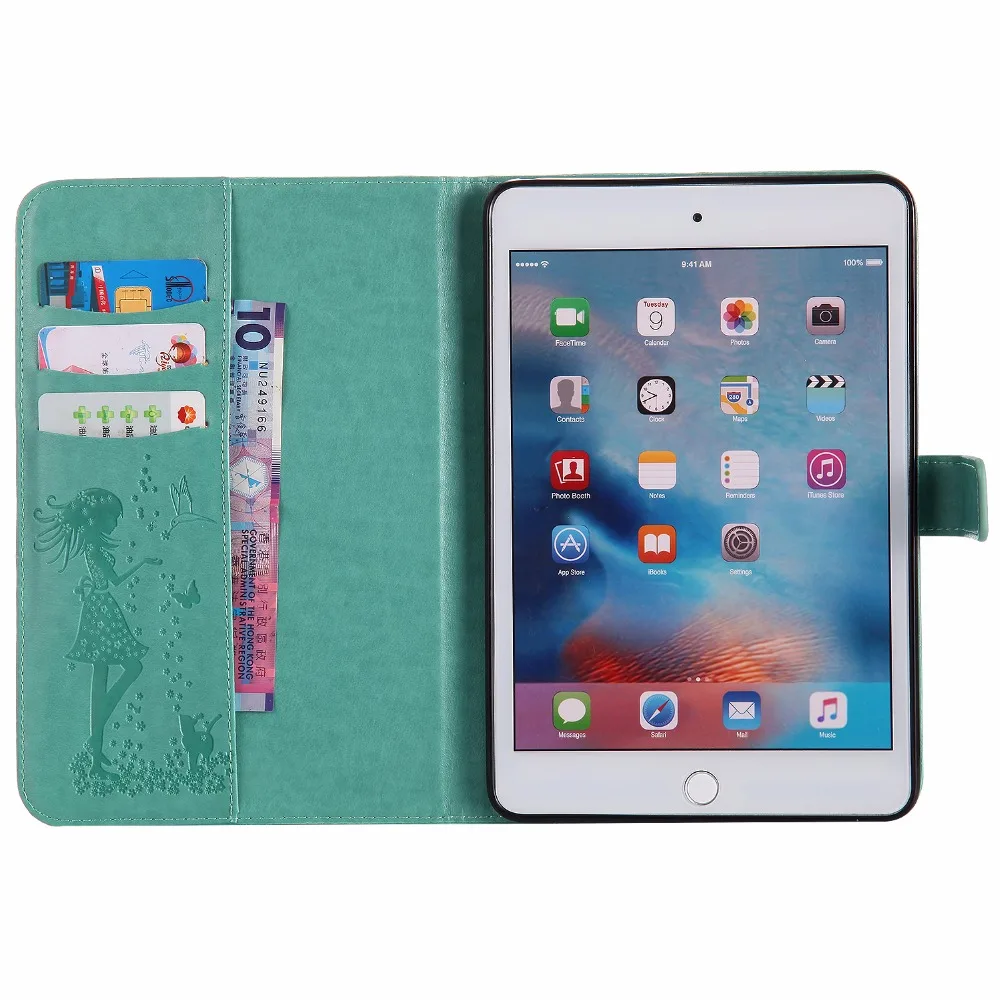 Для Funda iPad Mini 4 чехол кот девушка тисненый PU кожаный с подставкой автоматическим