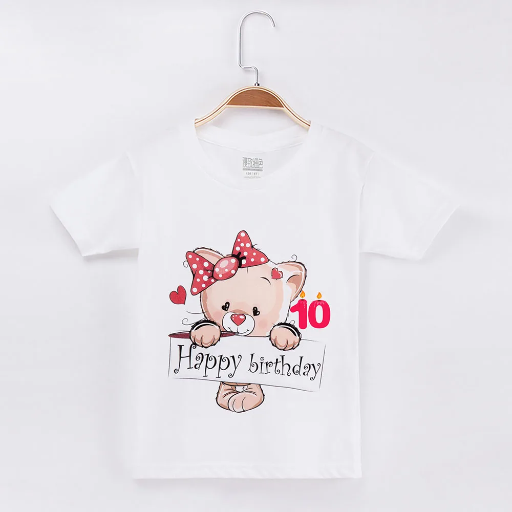 Детская футболка белые От 1 до 13 лет с днем рождения Kawaii Bear хлопковые короткие детские футболки топы для девочек, одежда для маленьких мальчиков, футболка - Цвет: White 10Y