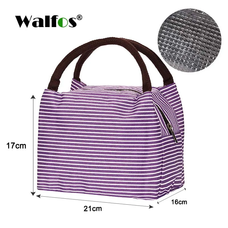 WALFOS Portable Lunch Bag Canvas Stripe Insulated Cooler Bags Thermal Food Picnic Lunch Bags Kids Lunch Box Bag Tote - Цвет: WALFOS Purple